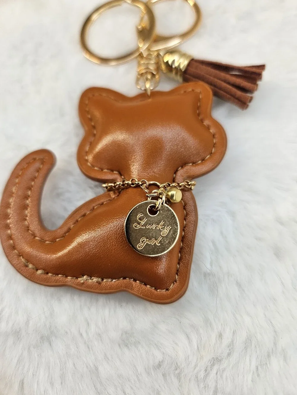 Lucky Girl Brown Cat Keychain Purse Charm